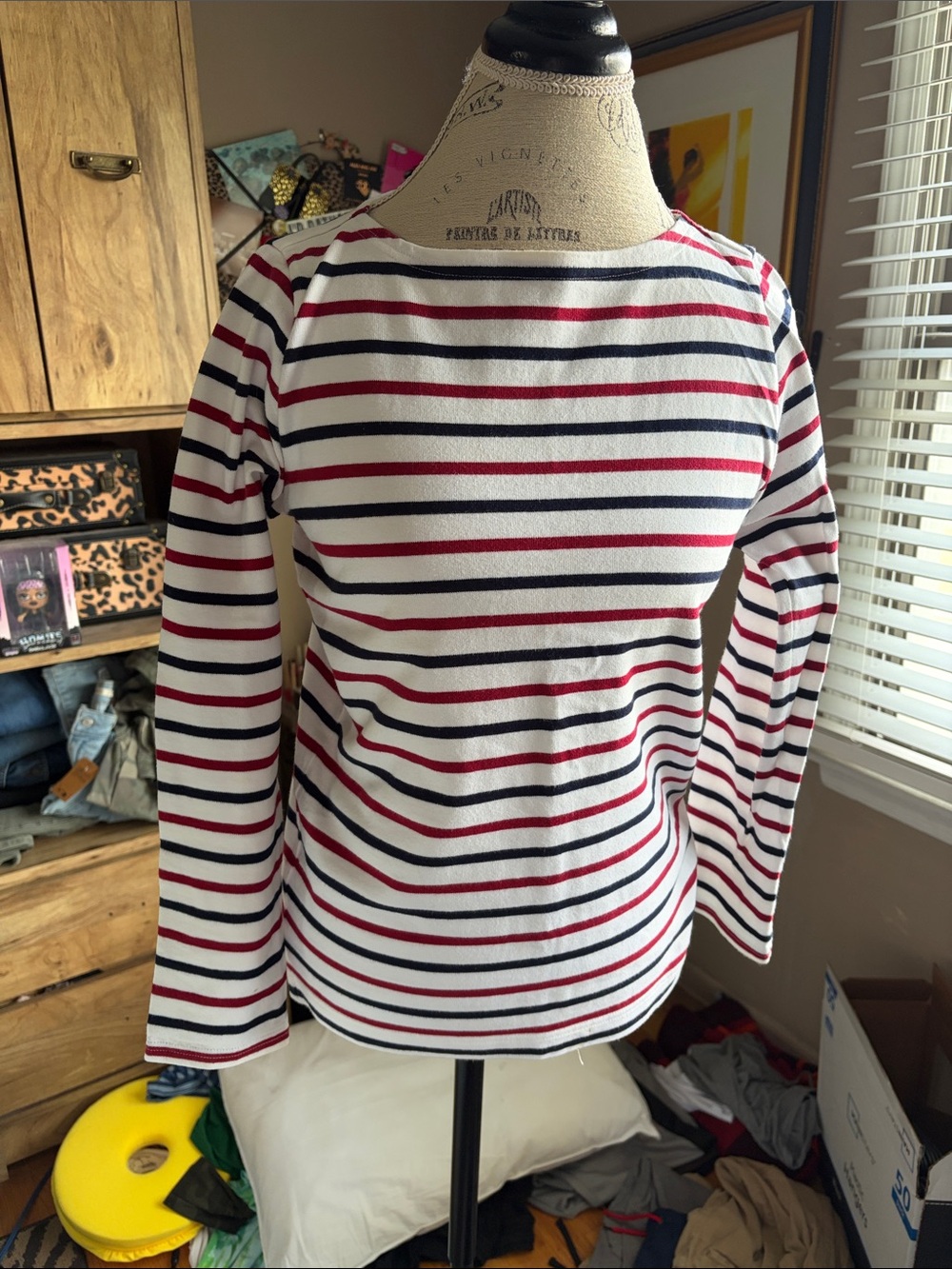 Muji White Long-Sleeve Crewneck Top with Red & Navy Stripes - Small